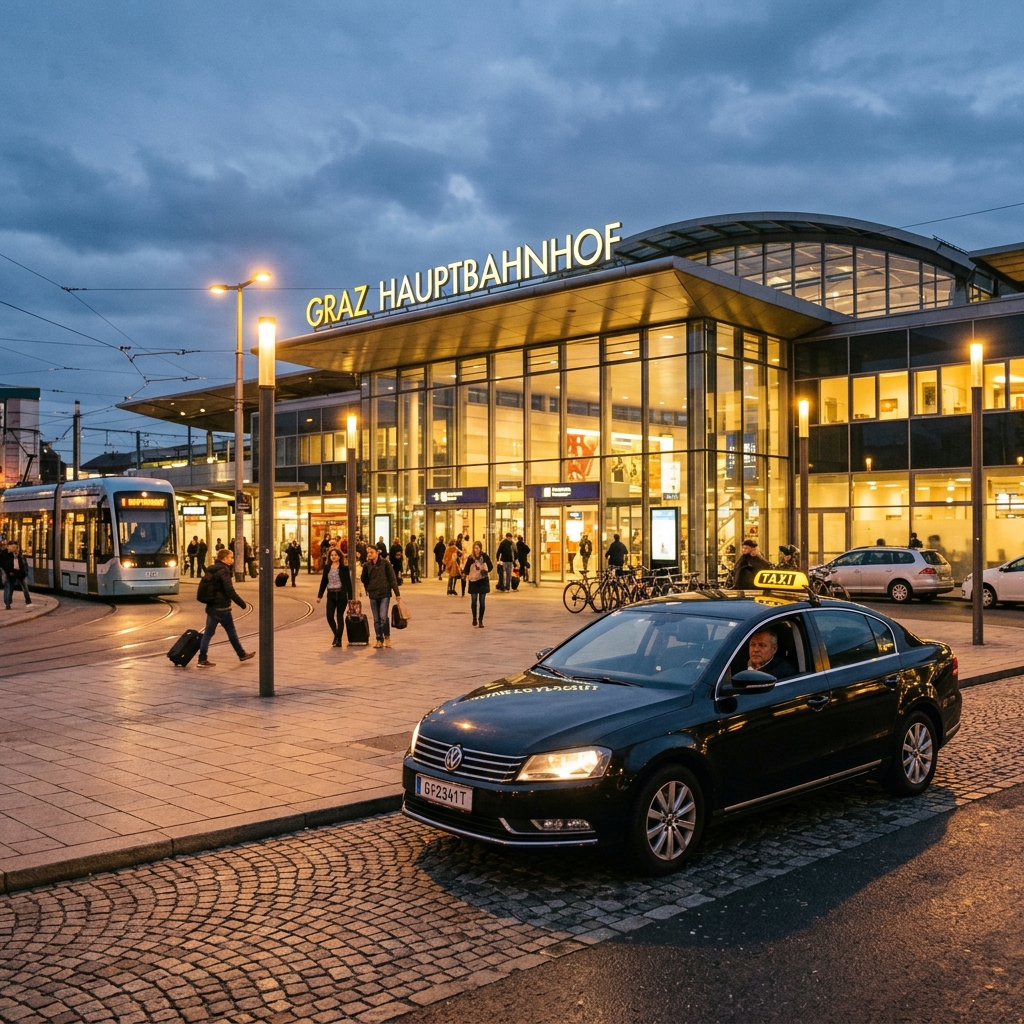 Taxi wartet vor dem Graz Hauptbahnhof – Professioneller Taxiservice